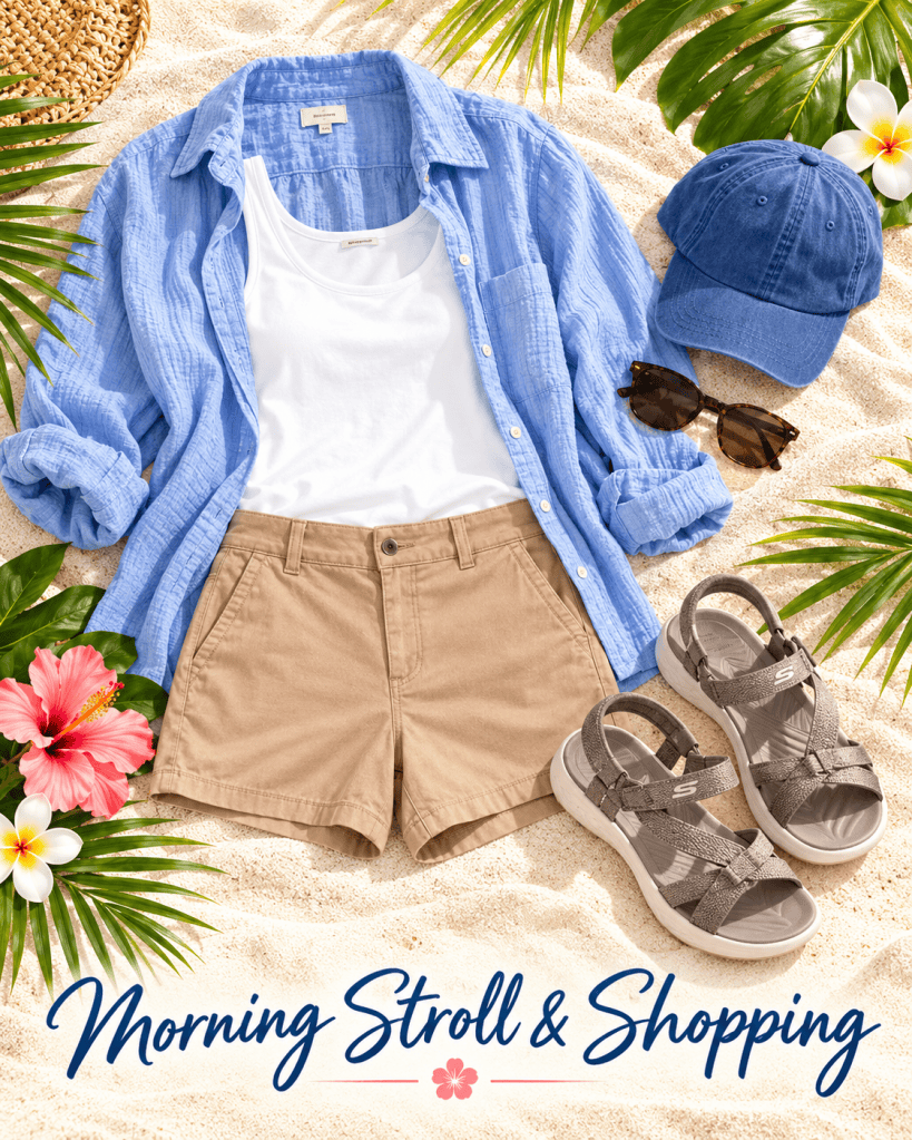 Casual summer outfit featuring a light blue button-up shirt, white tank top, tan shorts, and brown sandals, displayed on sandy beach background with tropical plants and flowers.