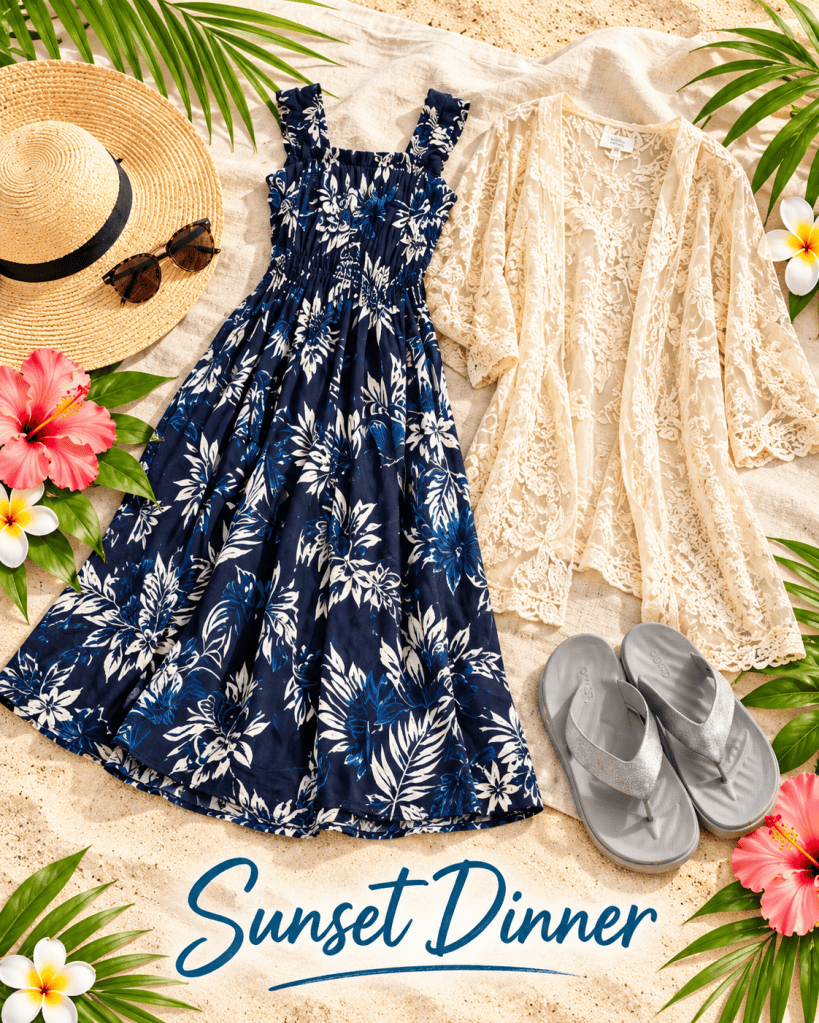 A styled flat lay featuring a floral navy dress, a lace cardigan, a straw hat, sunglasses, and gray sandals, surrounded by tropical leaves and flowers, with the text 'Sunset Dinner' beneath.