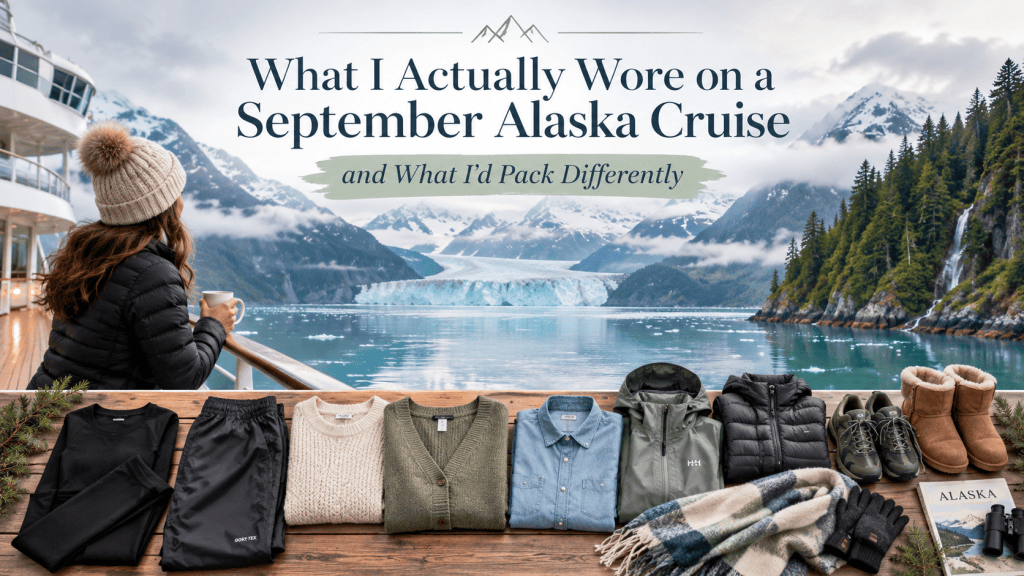 A woman in a cozy sweater and beanie gazes at a stunning glacial landscape from a cruise ship, with mountains and forests in the background. A variety of clothing items for chilly weather are displayed in the foreground, including a sweater, jacket, pants, and boots, alongside a book about Alaska.