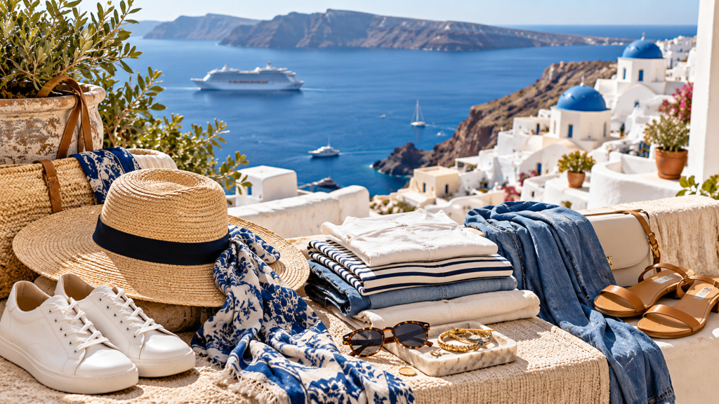 A summer outfit flat lay featuring a straw hat, white sneakers, denim pieces, sunglasses, and accessories, with a scenic view of the ocean and a cruise ship in the background.