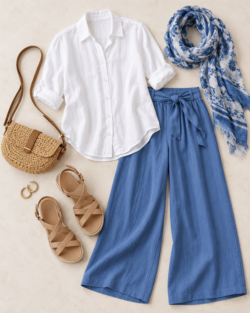 A flat lay of a summer outfit featuring a white button-up shirt, blue wide-leg pants, a blue floral scarf, light brown strappy sandals, a woven crossbody bag, and gold hoop earrings.