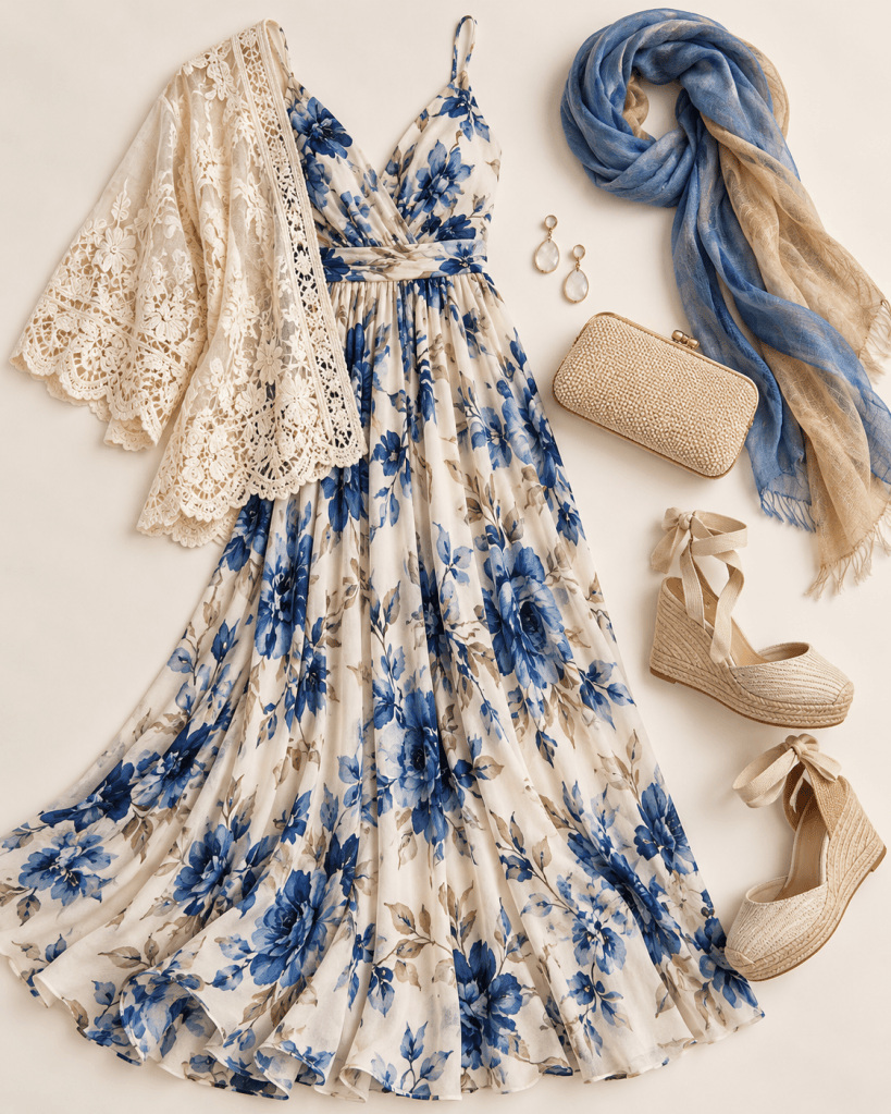 A floral dress featuring blue flowers on a beige background, paired with a crocheted shawl, a blue and beige scarf, drop earrings, a woven clutch, and beige wedge heels.