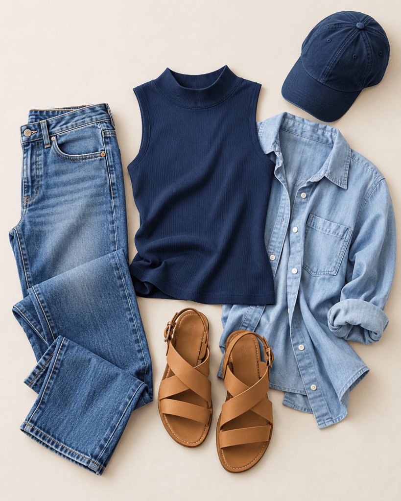 An outfit flat lay featuring a navy sleeveless top, light blue denim shirt, blue jeans, a navy baseball cap, and brown strappy sandals.