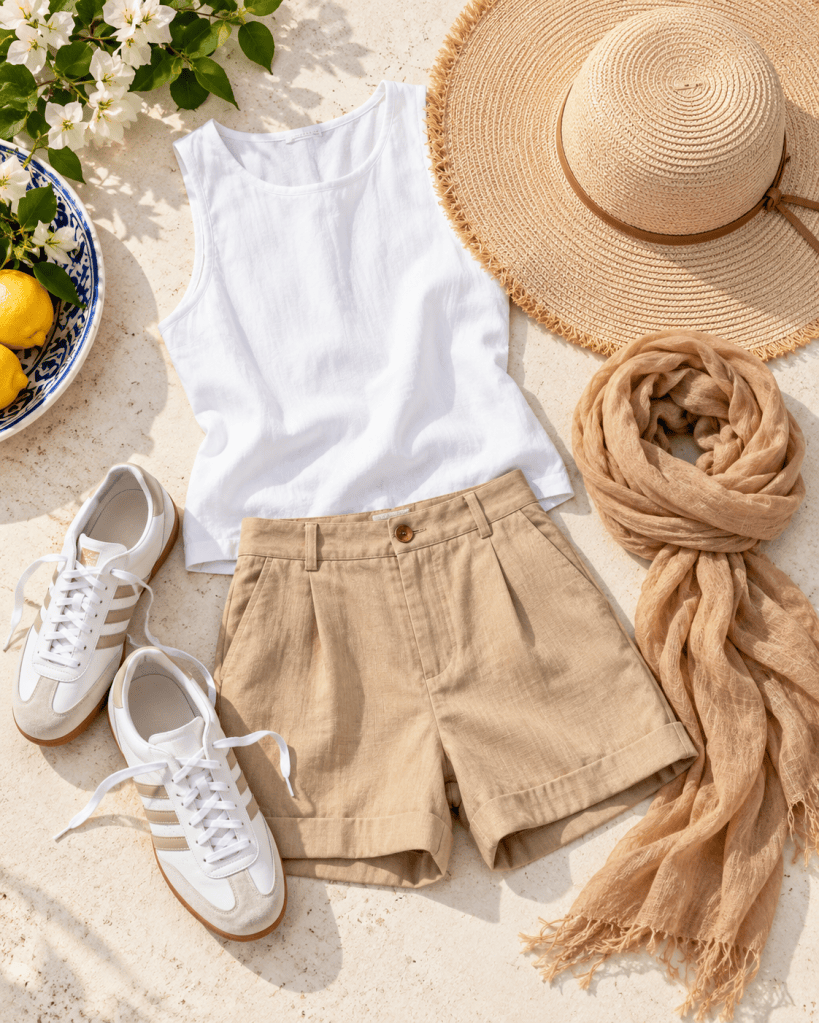 Flat lay of a summer outfit including a white sleeveless top, beige shorts, white sneakers, a tan scarf, and a wide-brimmed straw hat, with a bowl of lemons and flowers in the background.