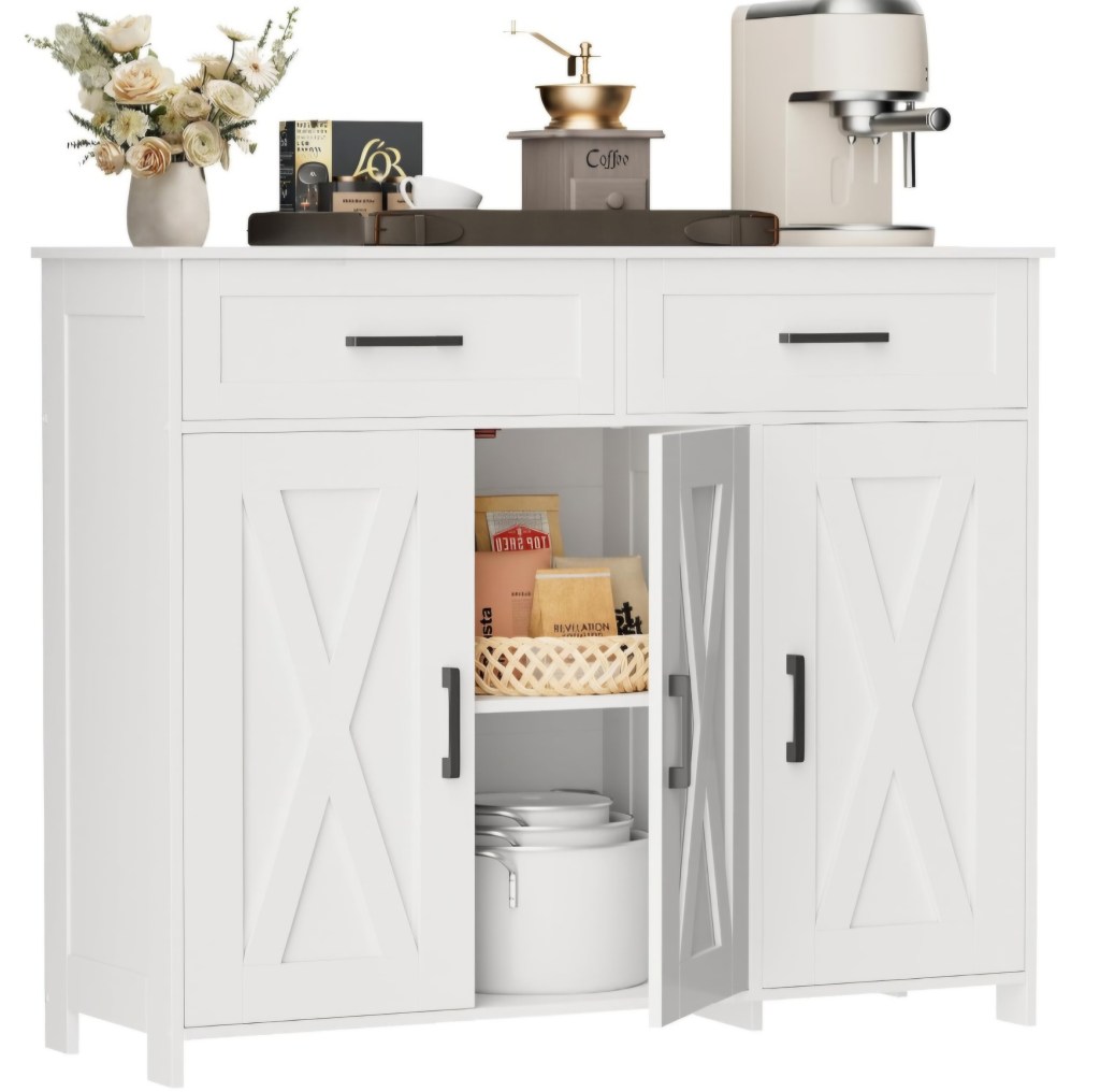 A white kitchen cabinet with two drawers, two doors, and a countertop displaying a decorative vase with flowers, a coffee grinder, and a coffee maker.