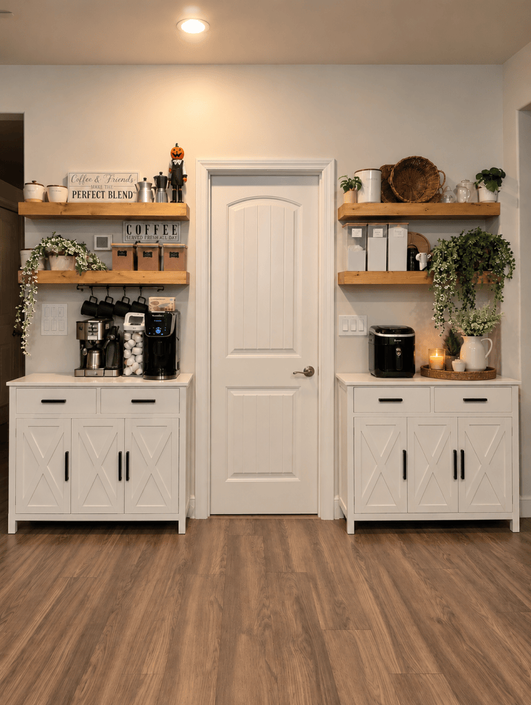A stylish kitchen corner featuring white cabinetry with decorative shelves. The left side has a coffee station with various coffee-making equipment, while the right side displays storage containers and plants. A door leads to another room in the center.