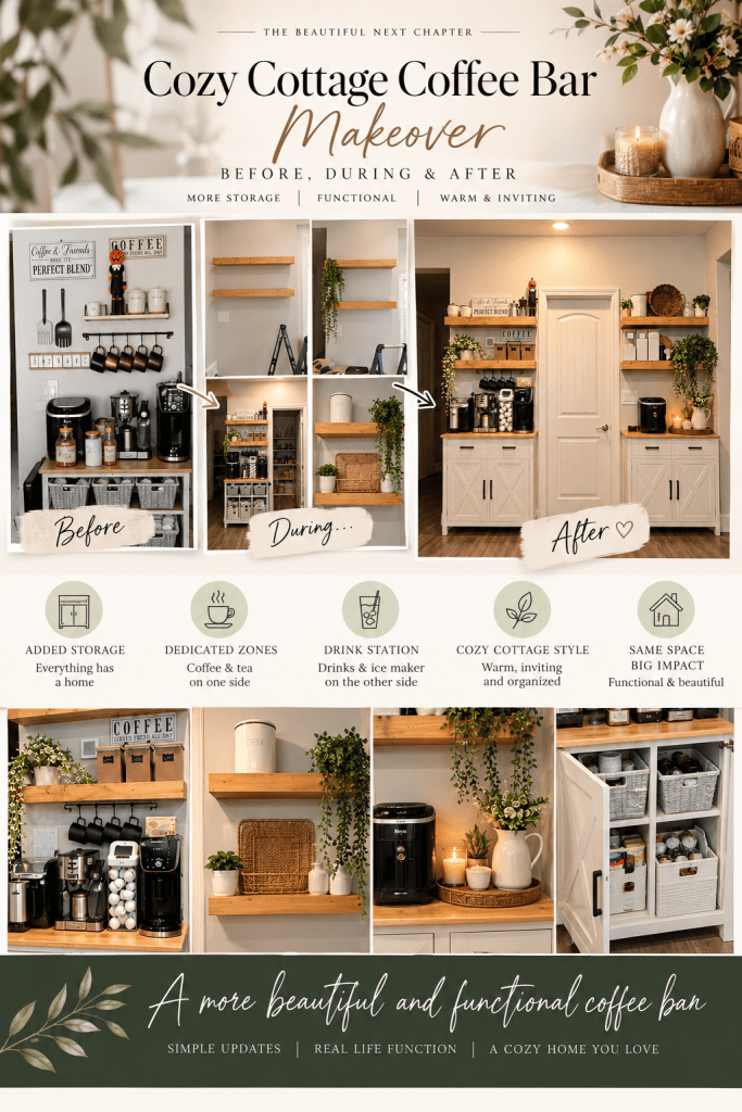 A visual overview of a cozy cottage coffee bar makeover, showcasing 'Before', 'During', and 'After' stages of the transformation with added storage and organized spaces. Highlights dedicated zones for coffee and tea, drink station, and cozy cottage style.