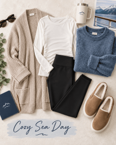 Flat lay of cozy clothing items for a beach day, including a beige cardigan, white long-sleeve top, blue sweater, black leggings, and brown slip-on slippers, accompanied by sunglasses and a travel mug.