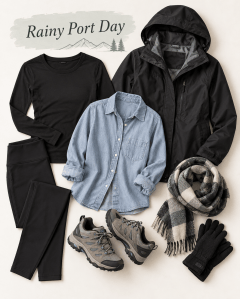 A flat lay of a rainy day outfit featuring a black long-sleeve top, a light blue denim button-up shirt, black leggings, a black waterproof jacket, gray hiking shoes, a black and gray checked scarf, and black gloves.