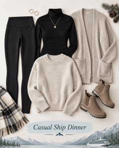 Flat lay of a casual ship dinner outfit featuring black leggings, a black turtleneck, a beige sweater, a beige cardigan, and brown ankle boots, with a checked scarf and a scenic mountain background.