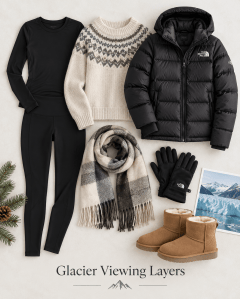 A flat lay of winter clothing essentials for glacier viewing, including a black long-sleeve top, a cream sweater with a patterned design, a black puffer jacket, black leggings, a plaid scarf, black gloves, and tan boots. An image of a glacier landscape is placed at the bottom.