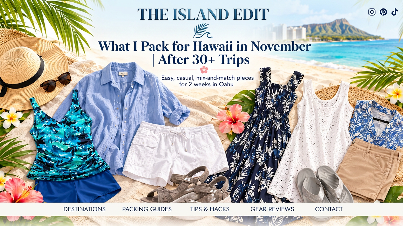 1000018349 A flat lay of vacation clothing and accessories for Hawaii, including a floral swimsuit, a blue button-up shirt, white shorts, a sundress, a white tank top, floral sandals, a straw hat, and sunglasses, with a beach background and tropical flowers.